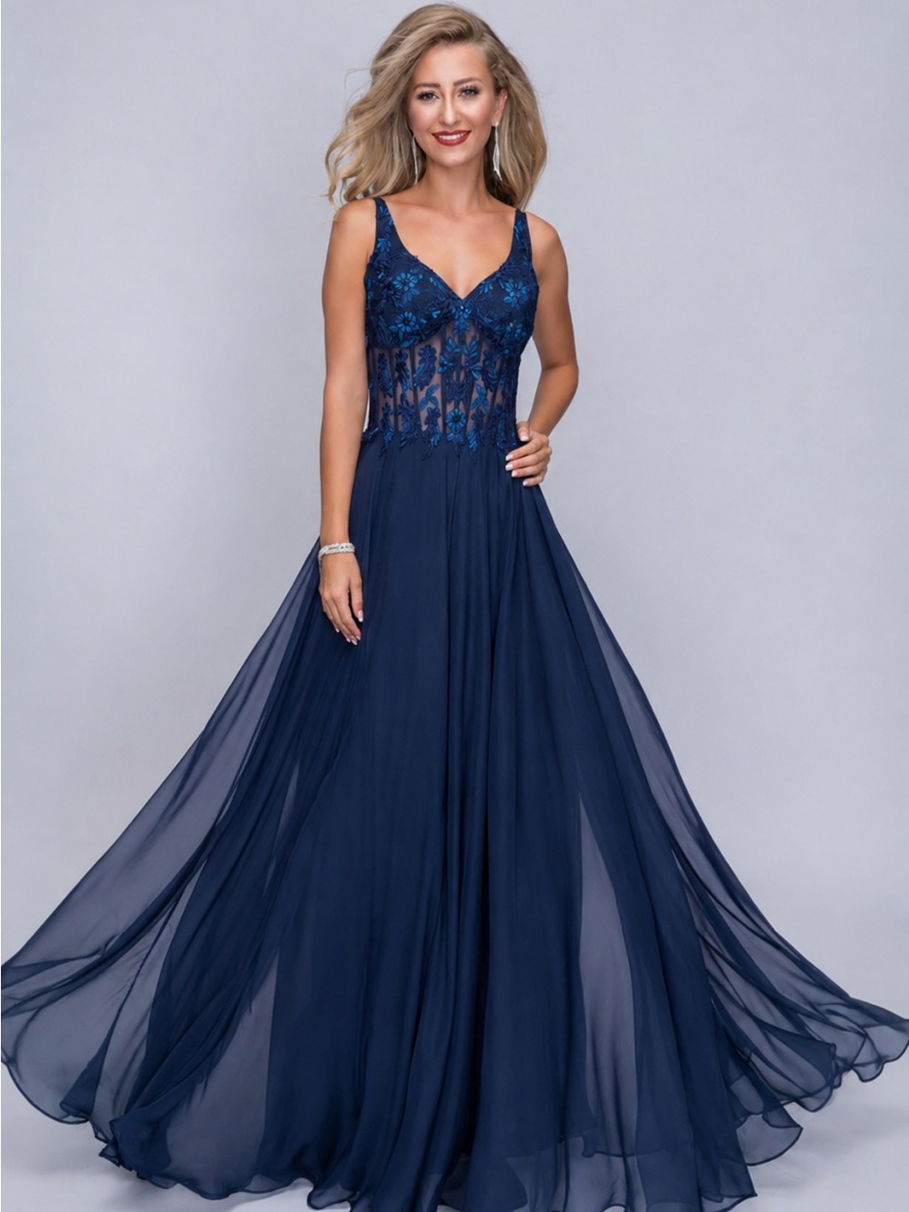 NWT Nina Canacci Embroidered Floral Sequin COrset A-Line Maxi Dress Navy 0